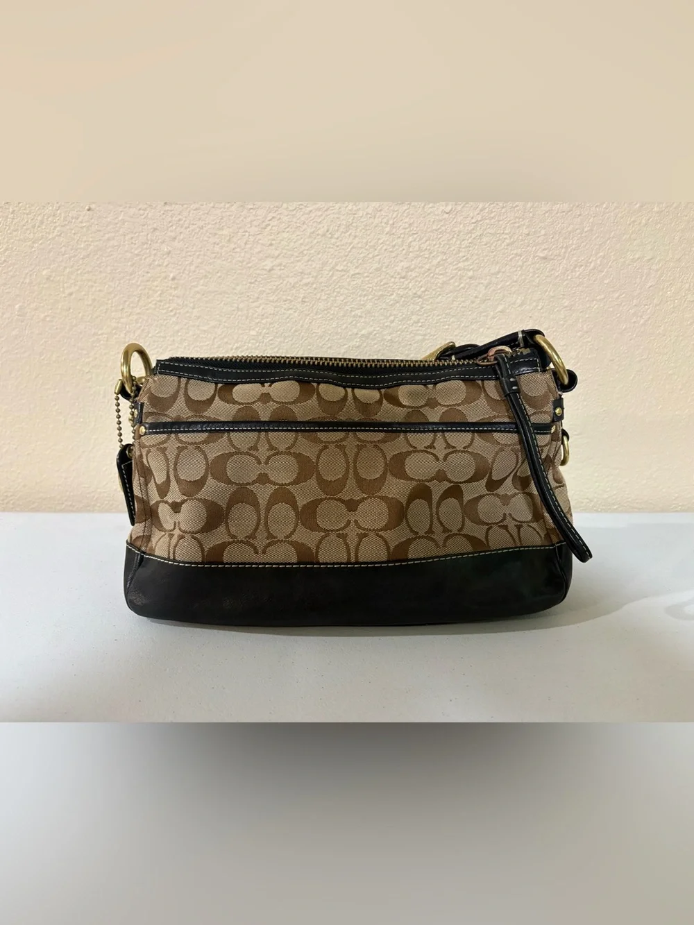 Coach 65th Legacy Signature Shoulder Bag, Black Trim, Stripe Lining F06K - 10339